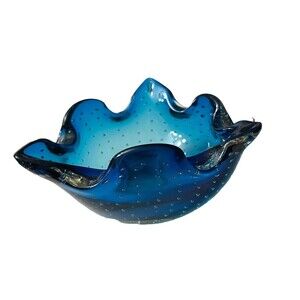 Blue Art Glass Bowl‎ Controlled Bubble Trinket Candy Dish MCM Retro Ashtray